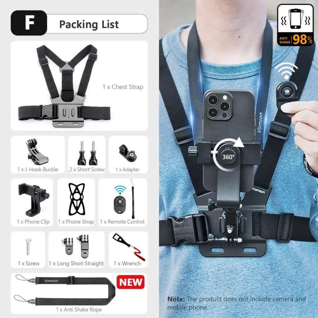 Vamson 360° Rotatable Chest Strap Phone Mount for iPhone & Samsung