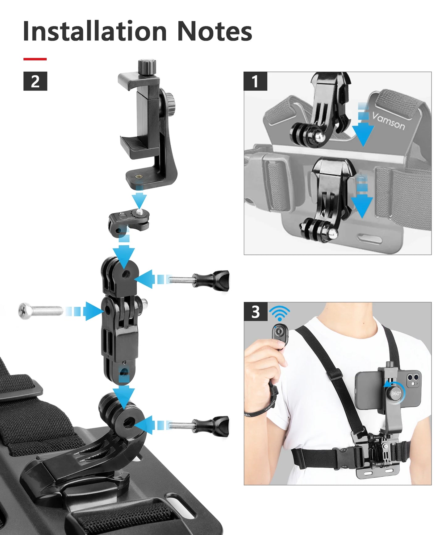 Vamson 360° Rotatable Chest Strap Phone Mount for iPhone & Samsung